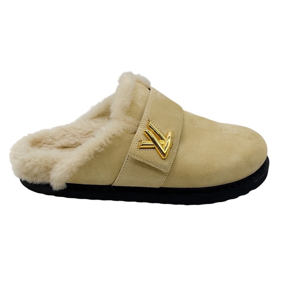 LOUIS VUITTON NUDE SUEDE CALF LEATHER AND SHEARLING LV COSY FLAT COMFORT CLOG - Picture 2 of 9